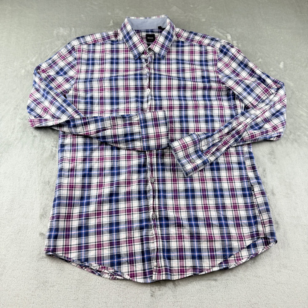 Hugo Boss Slim Fit Men's Large Purple Blue White Plaid Long Sleeve Button Down